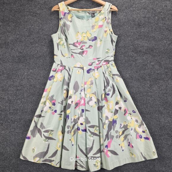 H&M Dress Womens 12 Green Floral Fit & Flare Pleated Lined Sleeveless Back Zip - Picture 2 of 11